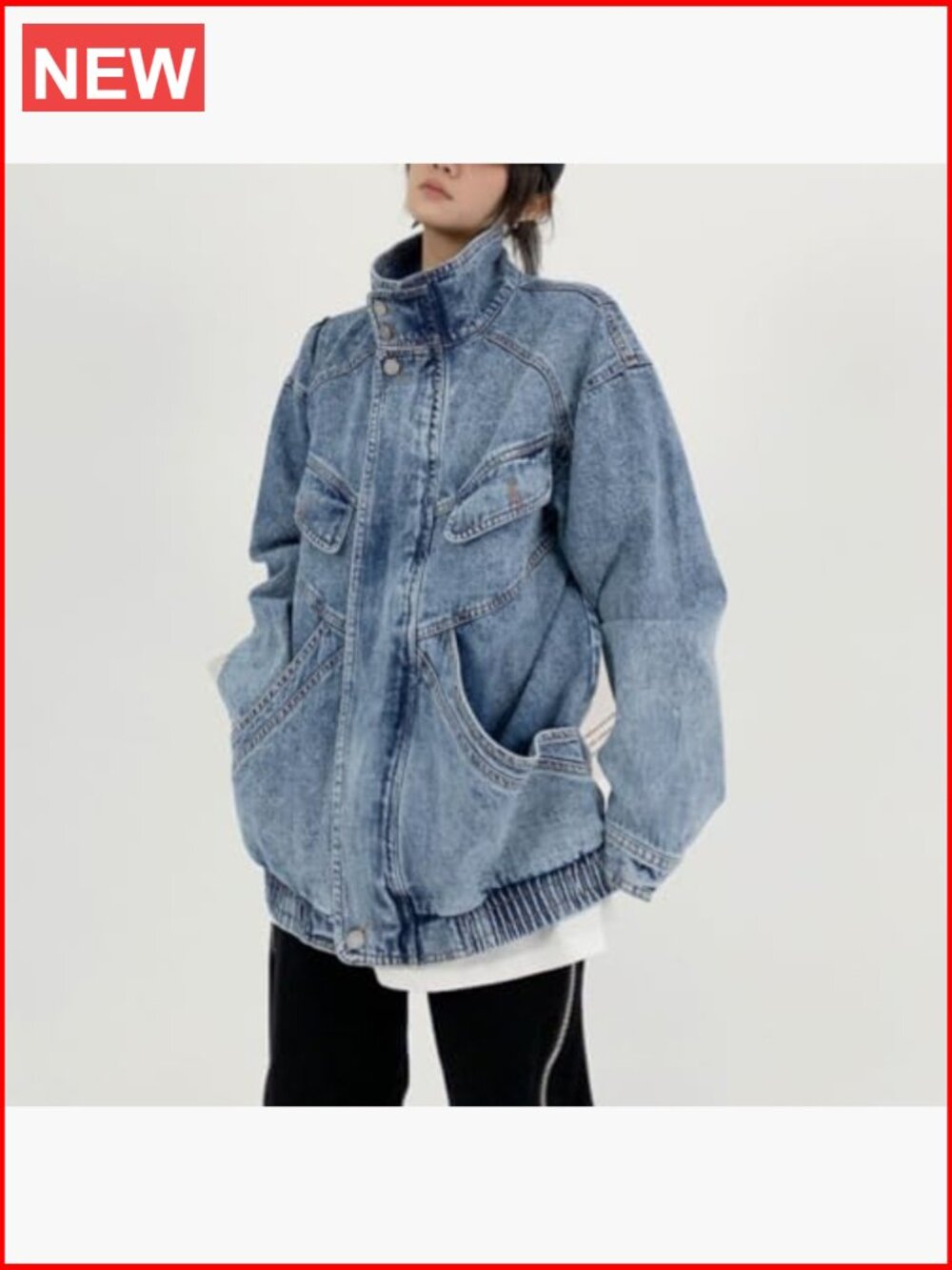 Oversized Stand Collar Shacket Jean Jacket Zip Up Distressed Frayed Denim Coat - Picture 3 of 7